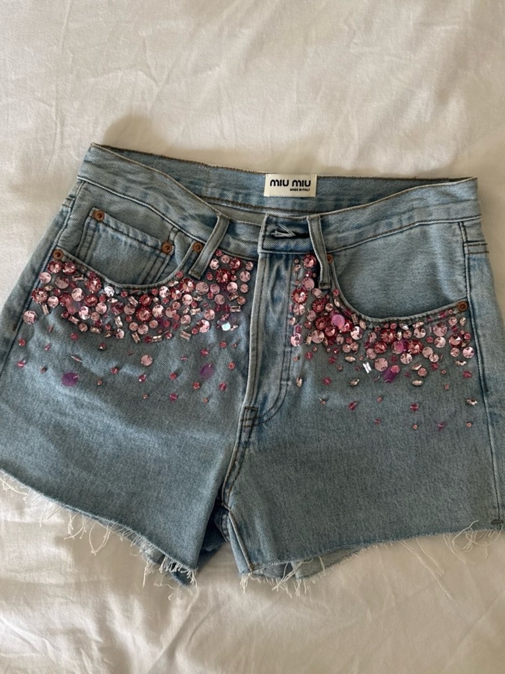 Miu Miu Light Blue Denim Shorts with Pink Sequin Embellishment